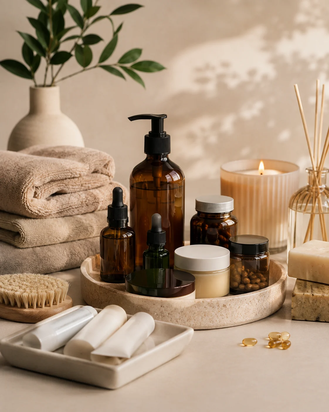 Premium beauty, wellness and lifestyle products arranged in a clean studio setting